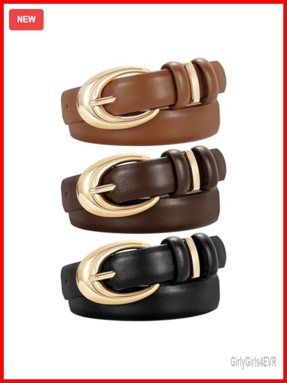 3 Pack Women Faux Leather Belt with Gold Buckle